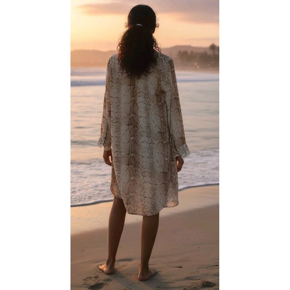 Sheer Snakeskin Print Maxi Cover Up Shirt Dress Boho Resort Layering Kimono S/M